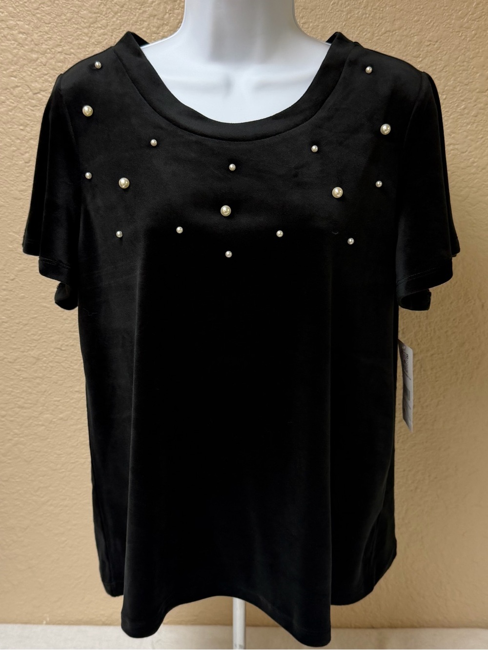 4/$20 89th & Madison Black Short Sleeve Velour Tee with Pearl Stud Accents